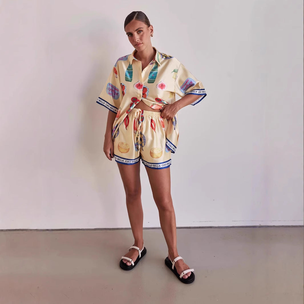 Ensemble de détente pour femmes - Toucher satinée - Coupe décontractée - Chemisier boutonné etShorts à cordon de serrage