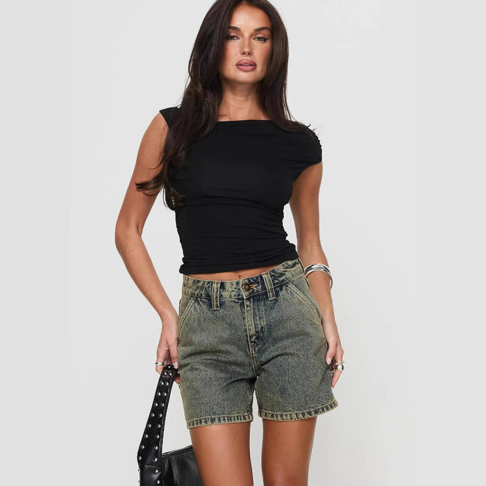 Short en Jean pour Femmes - Coupe Mid-Rise Décontractée - Poches Multiples - Fermeture à Bouton - Style Casual