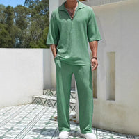 Ensemble Casual Masculin - Tissu Texturé Léger - Coupe Décontractée - Chemise à Moitié Zip & Pantalons Confortables