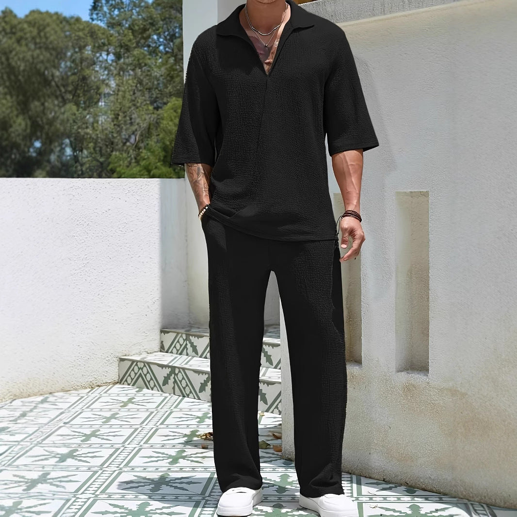 Ensemble Casual Masculin - Tissu Texturé Léger - Coupe Décontractée - Chemise à Moitié Zip & Pantalons Confortables