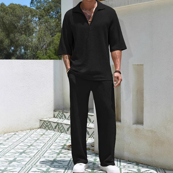 Ensemble Casual Masculin - Tissu Texturé Léger - Coupe Décontractée - Chemise à Moitié Zip & Pantalons Confortables