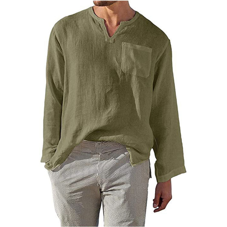 Chemise homme à manches longues en lin et coton - coupe décontractée avec col mandarin pour un style casual et élégant
