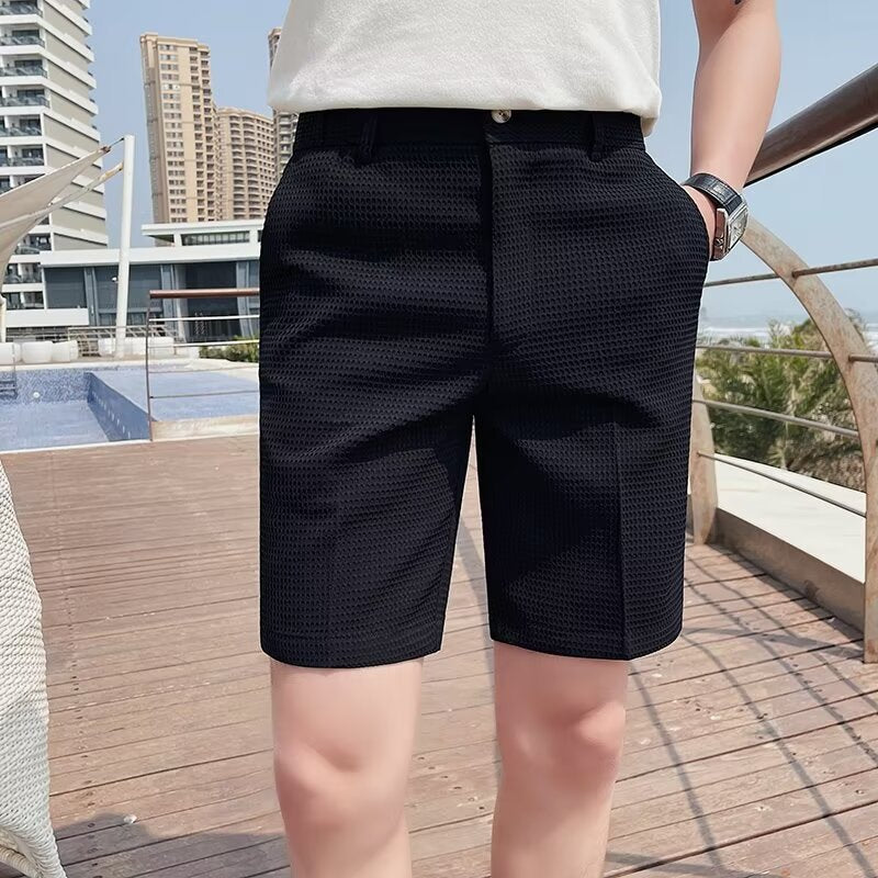 Bermuda Homme Slim Fit en Tissu Texturé avec Boutons à la Taille et Passants pour Ceinture