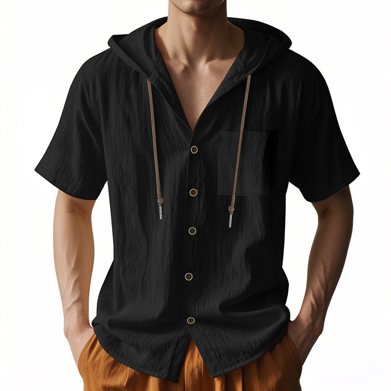Hommes - Chemise à capuche en lin - Top décontracté à manches courtes et à boutons