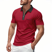 Hommes - Polo slim avec patte de boutonnage zippée, mélange de coton, poche sur la poitrine - Tenue décontractée et élégante