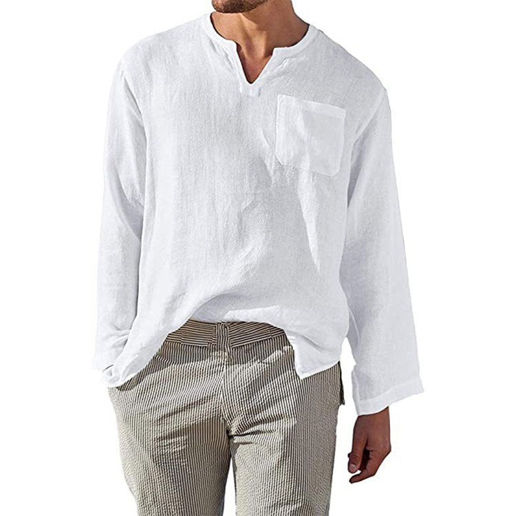 Chemise homme à manches longues en lin et coton - coupe décontractée avec col mandarin pour un style casual et élégant