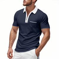 Hommes - Polo slim avec patte de boutonnage zippée, mélange de coton, poche sur la poitrine - Tenue décontractée et élégante