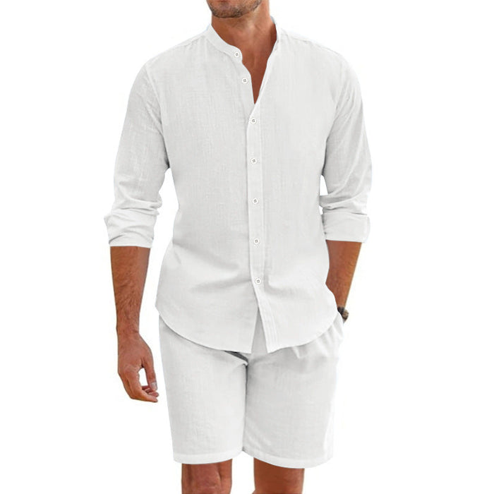 Ensemble Homme Deux Pièces - Mélange de Lin - Coupe Décontractée - Chemise à Boutons & Shorty Mi-Cuisse