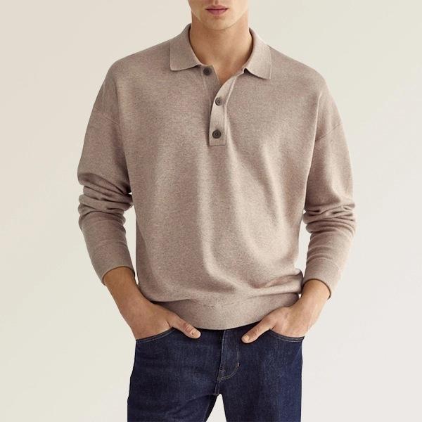 Polo à manches longues pour hommes, coupe classique, en coton mélangé et poignets côtelés