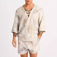 Set de chemise et short pour hommes - Col lacé - Coupe décontractée - Mélange de coton respirant