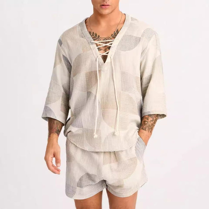 Set de chemise et short pour hommes - Col lacé - Coupe décontractée - Mélange de coton respirant