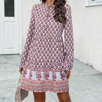 Vestido midi boho para mujer con corte fluido, manga larga y escote en forma de llave con estampado elegante