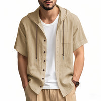Hommes - Chemise à capuche en lin - Top décontracté à manches courtes et à boutons