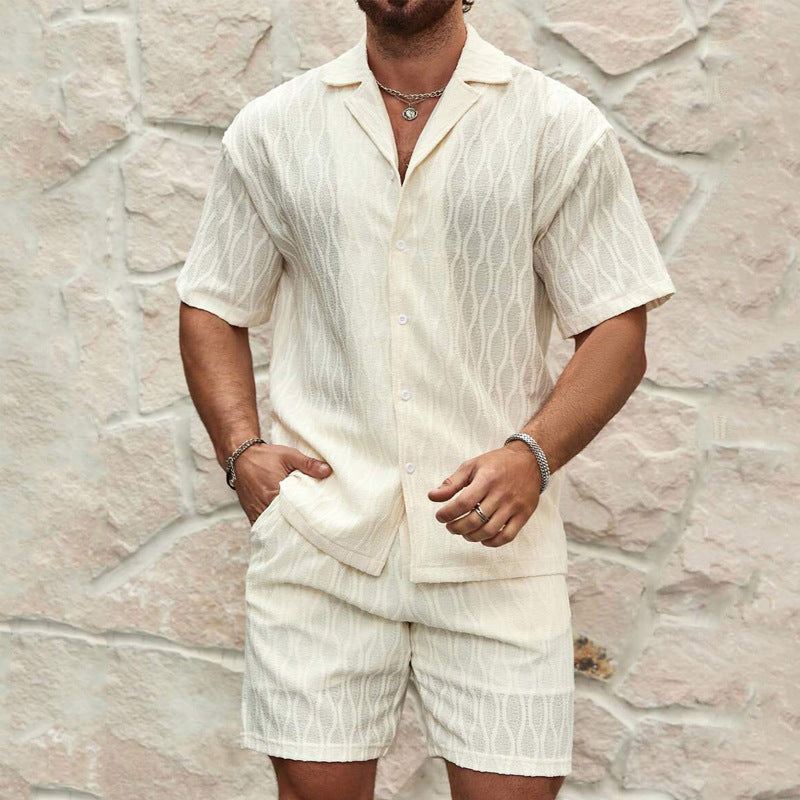 Ensemble d'été deux pièces confortable pour hommes - Chemise boutonnée à manches courtes et short décontractés en coton doux