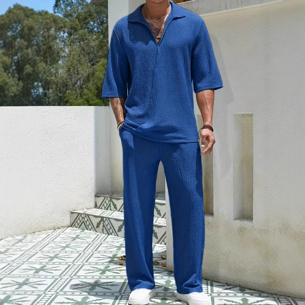 Ensemble Casual Masculin - Tissu Texturé Léger - Coupe Décontractée - Chemise à Moitié Zip & Pantalons Confortables