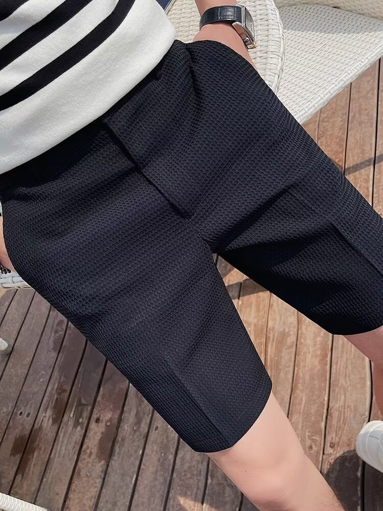 Bermuda Homme Slim Fit en Tissu Texturé avec Boutons à la Taille et Passants pour Ceinture