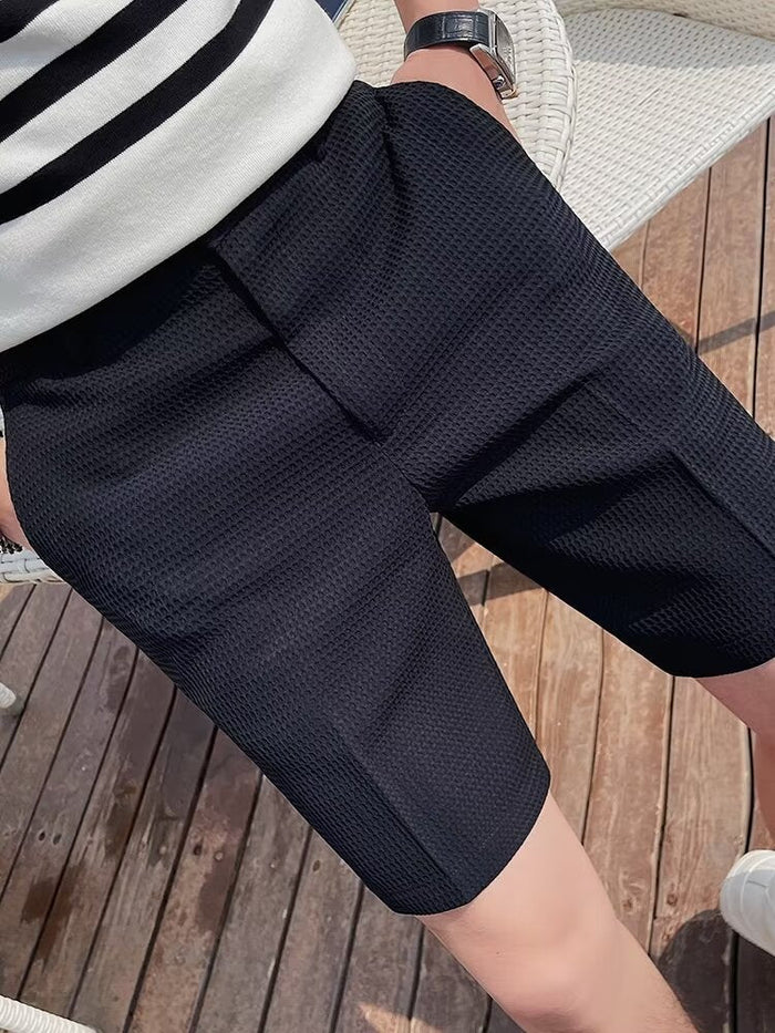 Bermuda Homme Slim Fit en Tissu Texturé avec Boutons à la Taille et Passants pour Ceinture