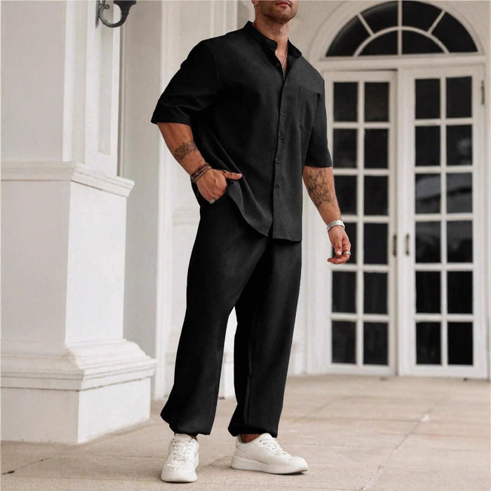 Ensemble Décontracté pour Hommes - Mélange Coton Lin - Coupe Confort - Chemise à Manches Courtes et Pantalons