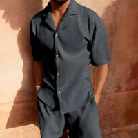 Ensemble Décontracté pour Hommes - Chemise en Velours Côtelé à Boutons & Shorts - Coupe Relaxée avec Tissu Texturé