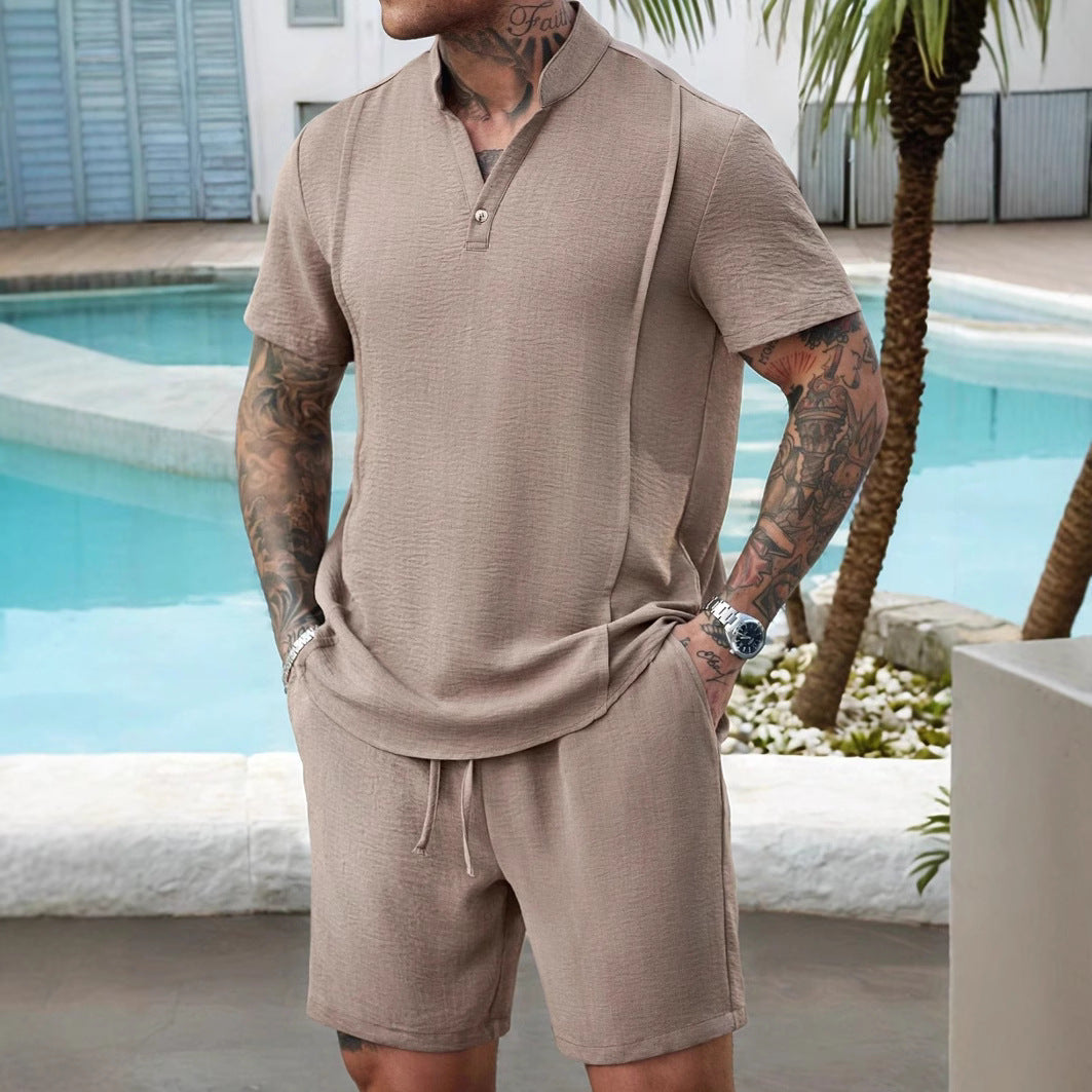 Ensemble Décontracté pour Hommes : Chemise Henley en Coton avec Short Assorti - Coupe Relaxée et Manches Courtes