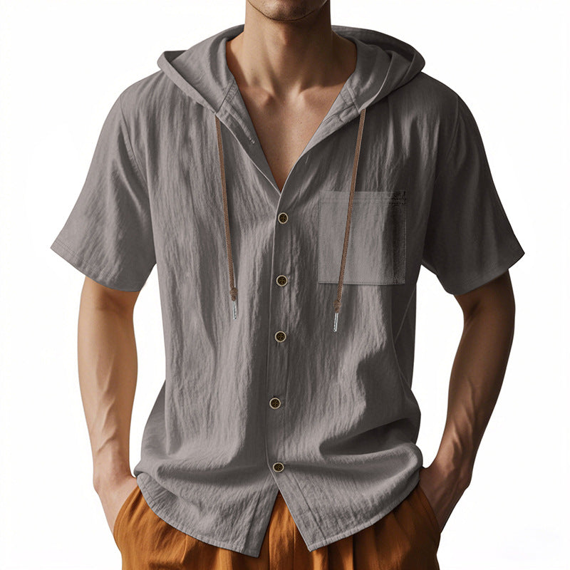 Hommes - Chemise à capuche en lin - Top décontracté à manches courtes et à boutons