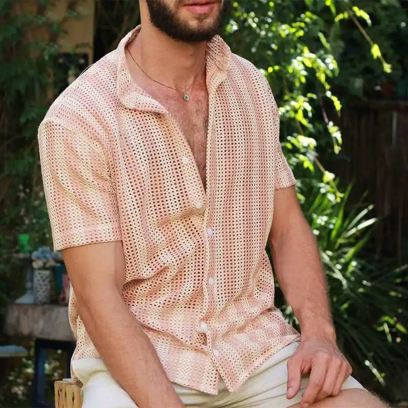 Chemise en maille respirante pour hommes - Bouton à la coupe décontractée avec manches courtes et motif quadrillé stylisé