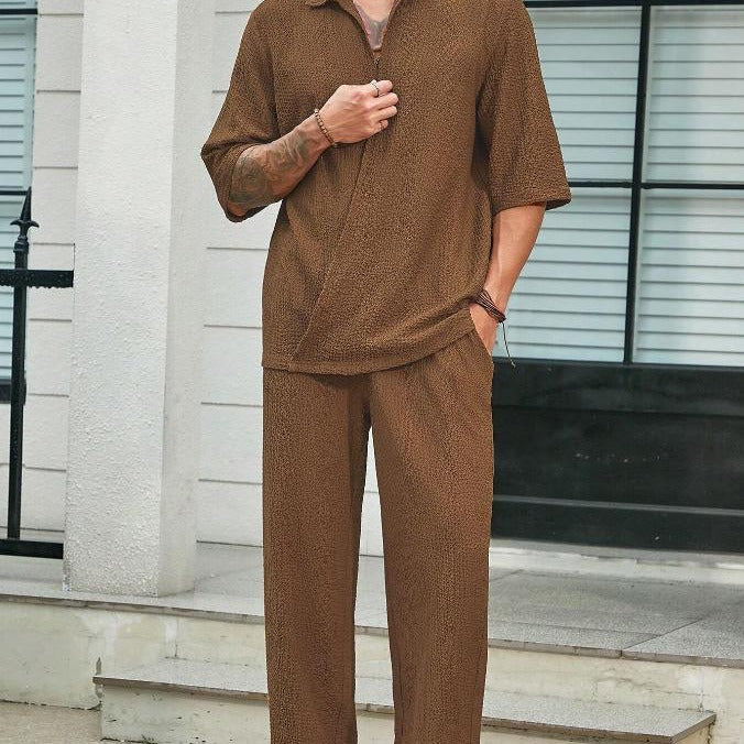 Ensemble Chemise et Pantalon pour Homme - Coupe Décontractée - Coton Léger - Manches Mi-longues - Vêtements Casual