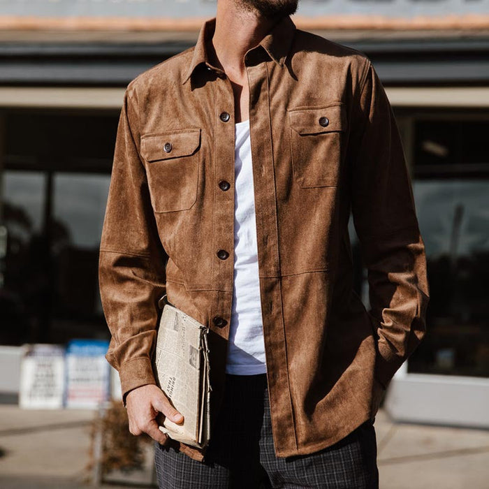 Chemise décontractée pour homme en tissu imitation daim - coupe régulière - boutonnée avec poches poitrine