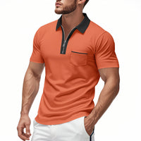 Hommes - Polo slim avec patte de boutonnage zippée, mélange de coton, poche sur la poitrine - Tenue décontractée et élégante
