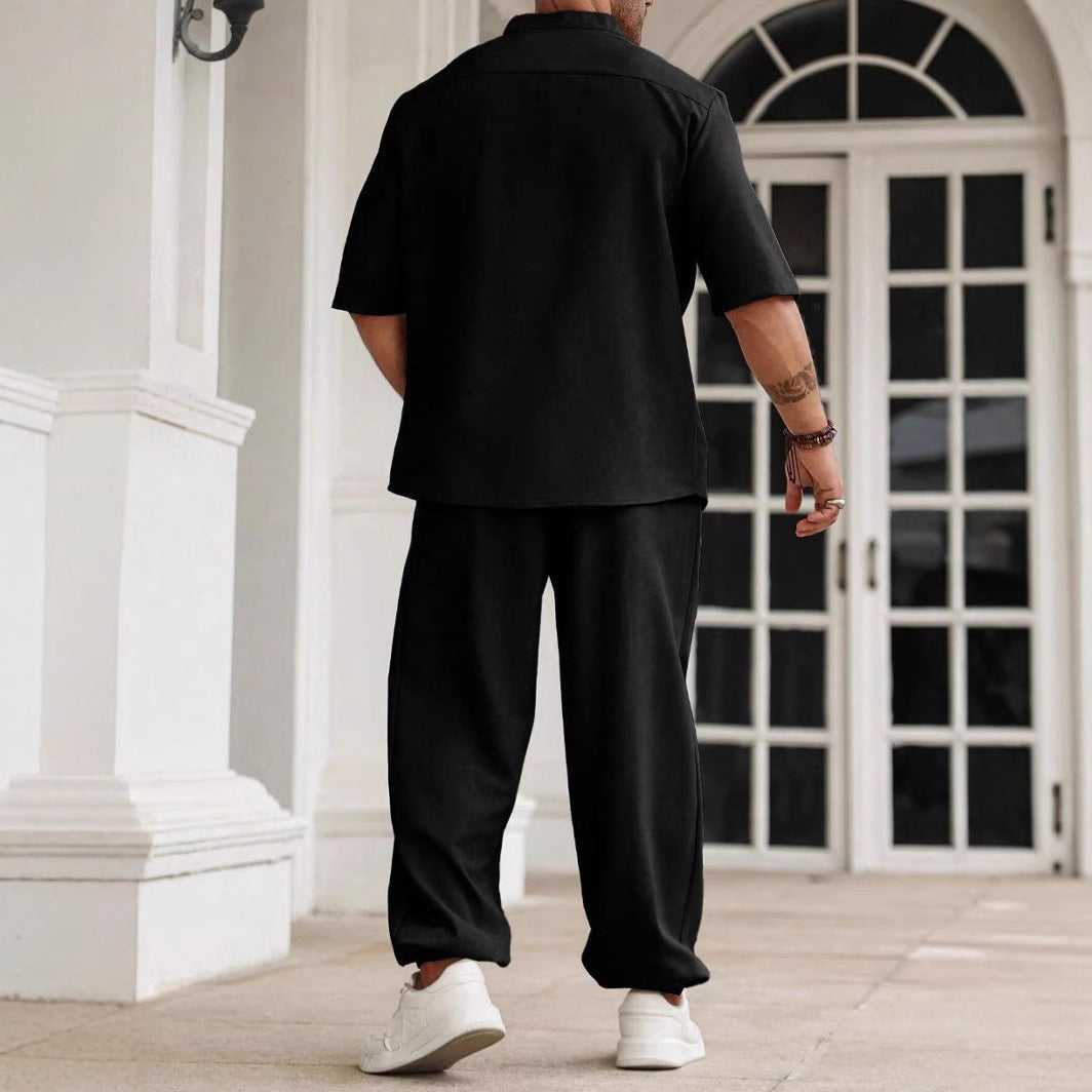 Ensemble Décontracté pour Hommes - Mélange Coton Lin - Coupe Confort - Chemise à Manches Courtes et Pantalons