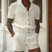 Ensemble de Chemise et Short en Tricot pour Hommes - Coupe Slim - Texture Riblée - Col Polo - Respirant