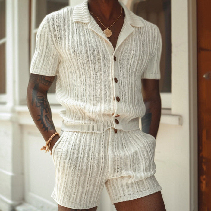 Ensemble de Chemise et Short en Tricot pour Hommes - Coupe Slim - Texture Riblée - Col Polo - Respirant