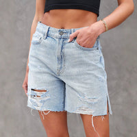 Short en jean pour femmes - Coupe décontractée - Effet usé avec ourlet effiloché et fentes latérales - Longueur au genou