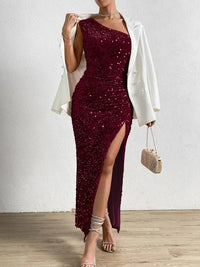 Robe de soirée longue élégante à une épaule avec fente et paillettes scintillantes - Adelheid