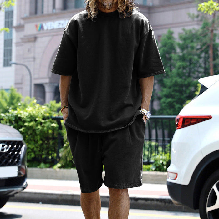 Ensemble de détente pour hommes - T-shirt à manches courtes et short à cordon de serrage - Coupe ample et confortable