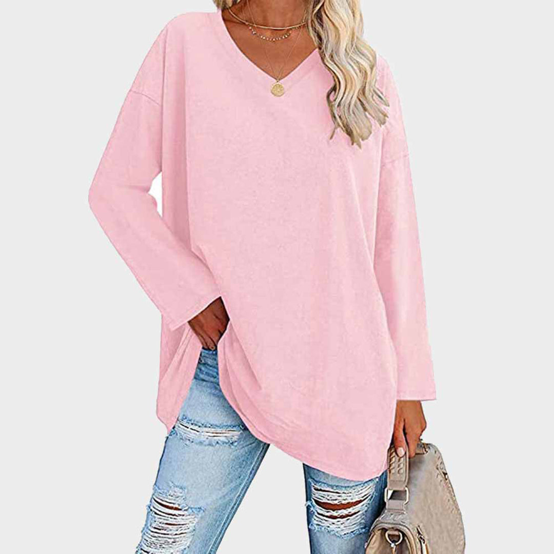 Chemisier tunique à manches longues et col en V, confortable et décontracté, pour femmes - parfait pour un look quotidien décontracté dans un tissu doux