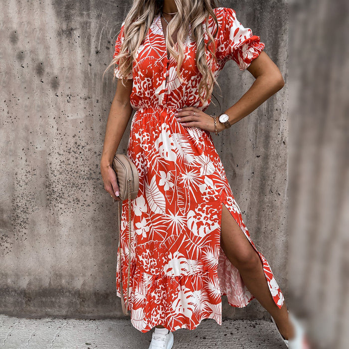 Élégante robe midi à fleurs pour femmes avec col en V, manches courtes bouffantes, taille cintrée et jupe évasée pour un look chic