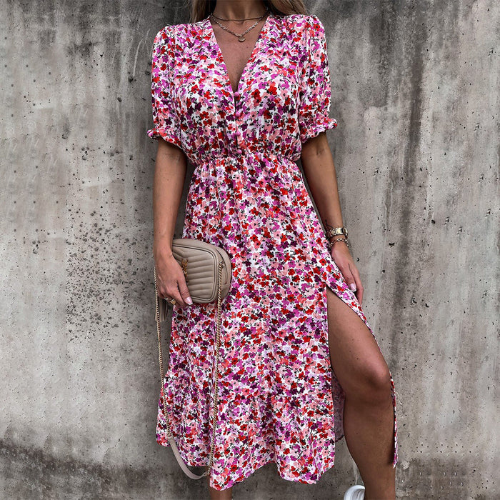 Élégante robe midi à fleurs pour femmes avec col en V, manches courtes bouffantes, taille cintrée et jupe évasée pour un look chic