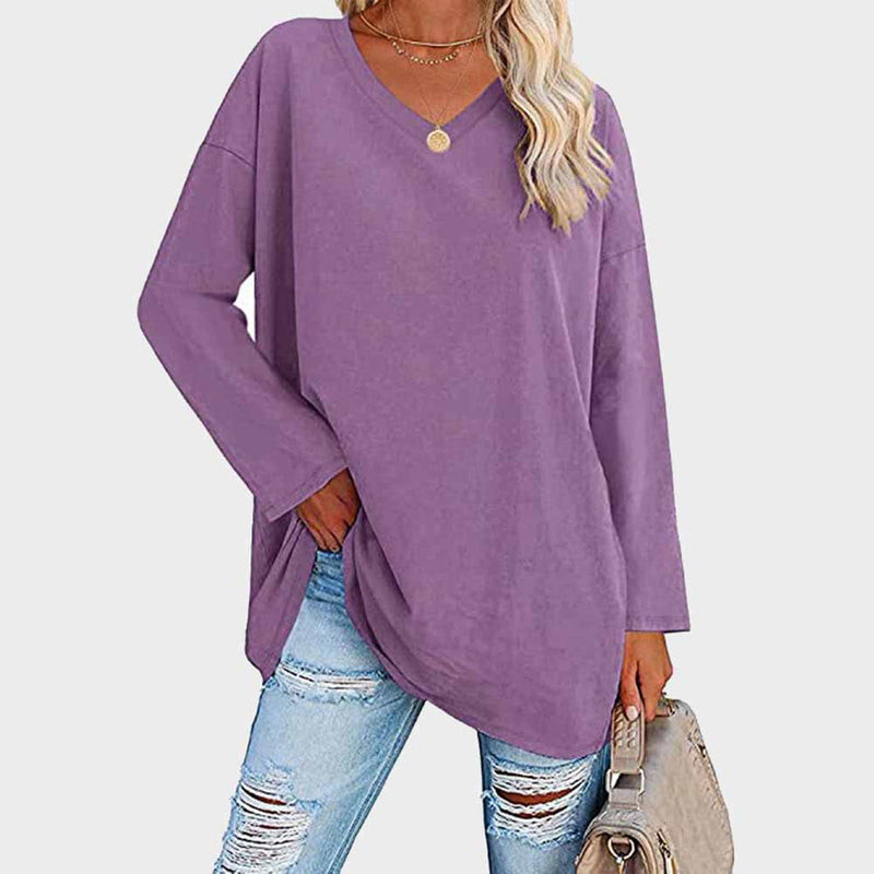 Chemisier tunique à manches longues et col en V, confortable et décontracté, pour femmes - parfait pour un look quotidien décontracté dans un tissu doux