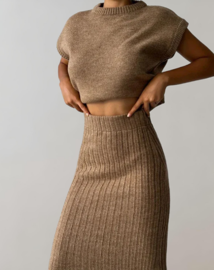 Ensemble élégant 2 pièces en tricot côtelé - Tenue parfaite pour les occasions chic et décontractées