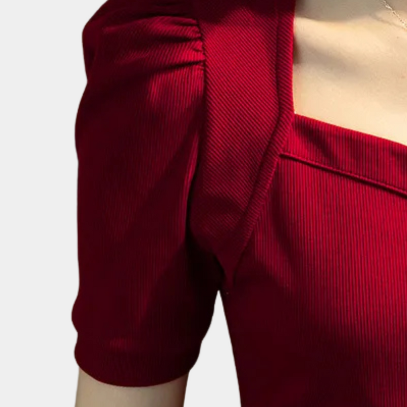 Stylish Red Puff Sleeve Top - Trendy Ribbed Blouse for Women