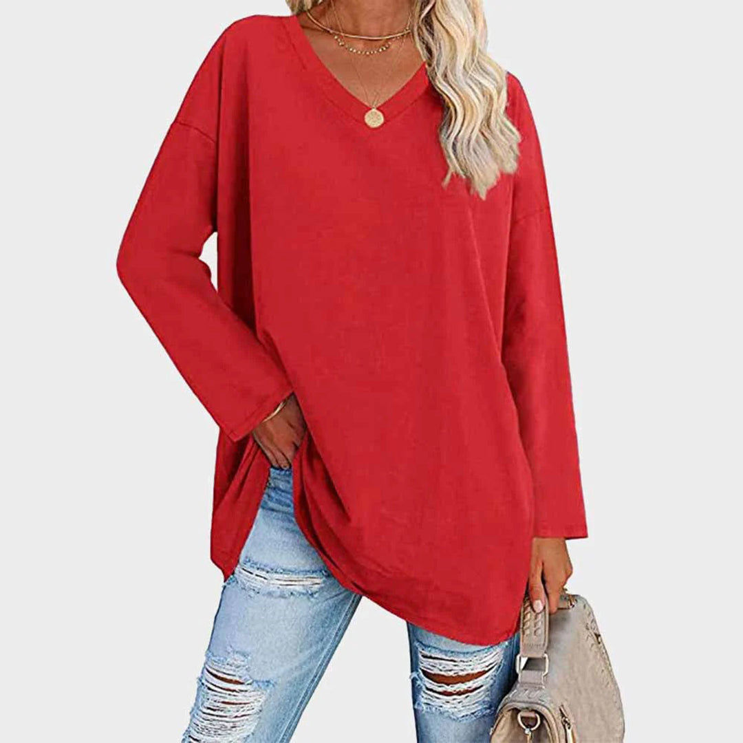 Chemisier tunique à manches longues et col en V, confortable et décontracté, pour femmes - parfait pour un look quotidien décontracté dans un tissu doux