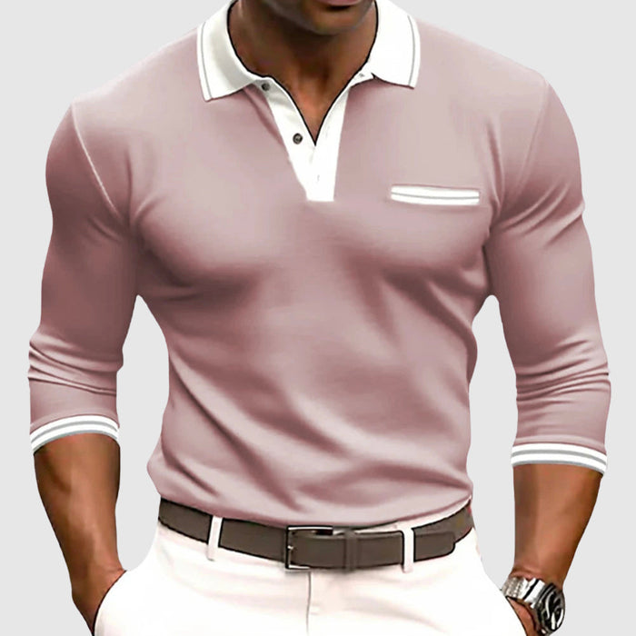 Chemise homme à manches longues slim fit en coton mélangé avec col polo et poche poitrine