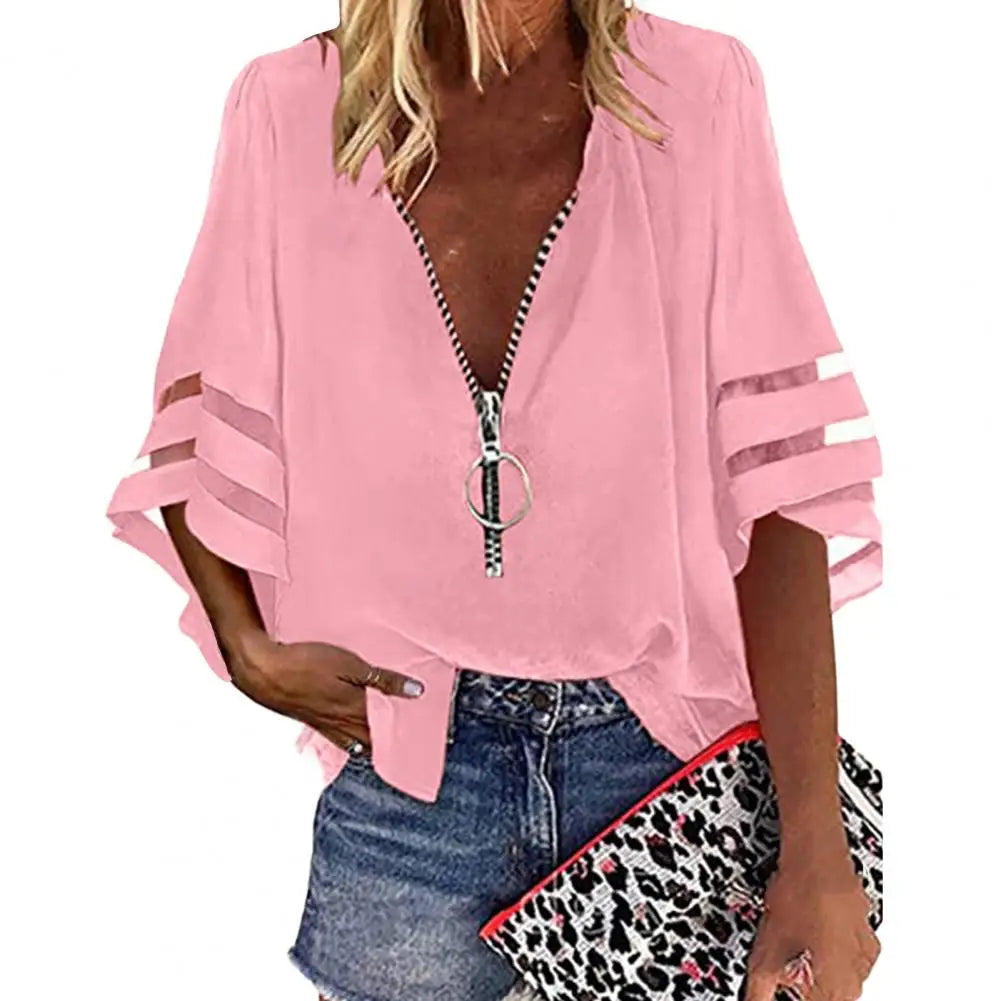 Chemisier en mousseline pour femmes - top élégant et tendance avec fermeture éclair stylisée