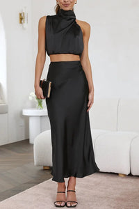 Élégant ensemble 2 pièces en satin pour femmes - Top chic et jupe longue pour un look élégant