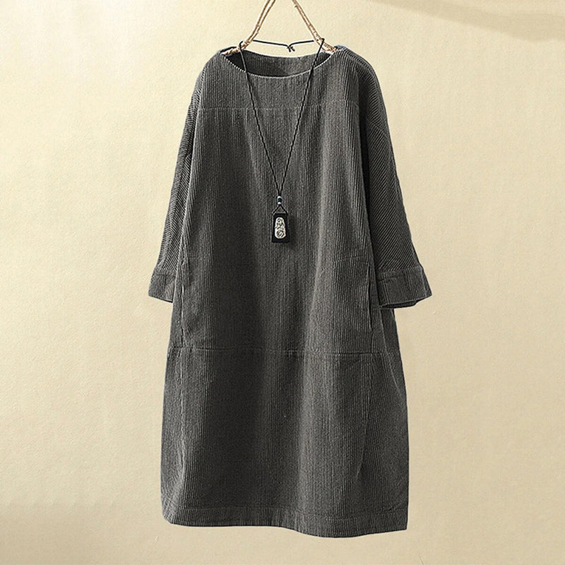 Robe en velours côtelé pour femme - Coupe décontractée - Longueur genou - Manches 3/4 - Style minimaliste élégante