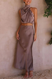 Élégant ensemble 2 pièces en satin pour femmes - Top chic et jupe longue pour un look élégant