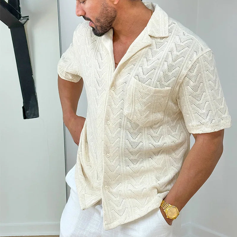 Chemise en tricot élégante à texture jacquard pour hommes - Col décontracté à manches courtes