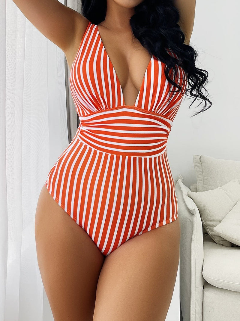 Maillot de bain une pièce pour femmes - Dos nu - Rayures tendance - Maintien confortable et extensible