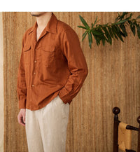 Chemise en lin pour homme - Coupe décontractée - à boutons - manches longues - deux poches sur la poitrine